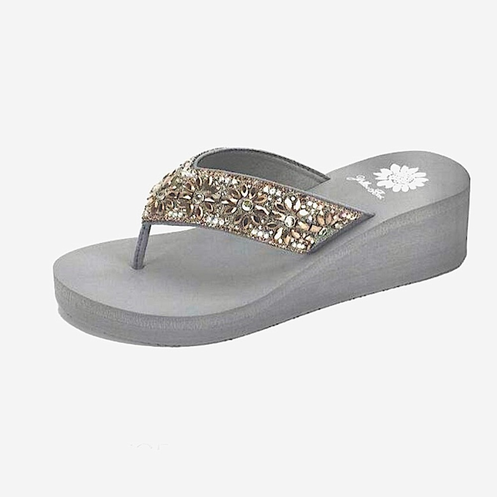 YELLOW BOX WAYNE WEDGE SANDAL LEATHER COLOR GRAY MEDIUM WIDTH NEW IN BOX